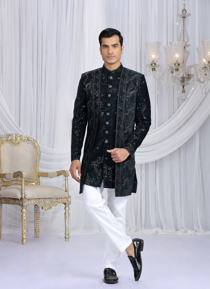 Velvet Silk Dark Teal Green Wedding Wear Computer Thread Work Readymade Indo Western Sherwani 386026