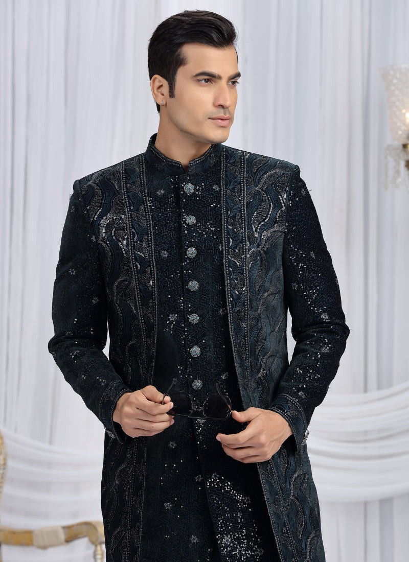 Velvet Silk Dark Teal Green Wedding Wear Computer Thread Work Readymade Indo Western Sherwani 386026