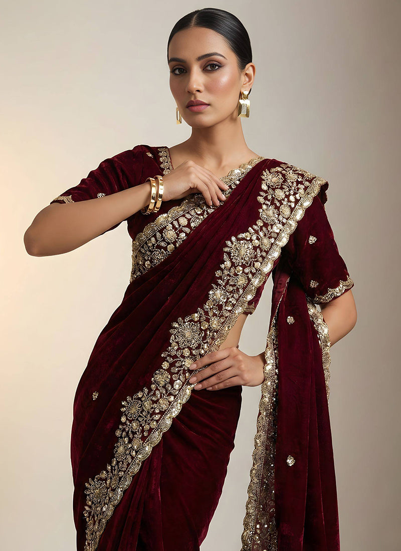 Deep Maroon Fendy Satin Silk Zari Embroidery Work Wedding Wear Wedding Saree SW603993