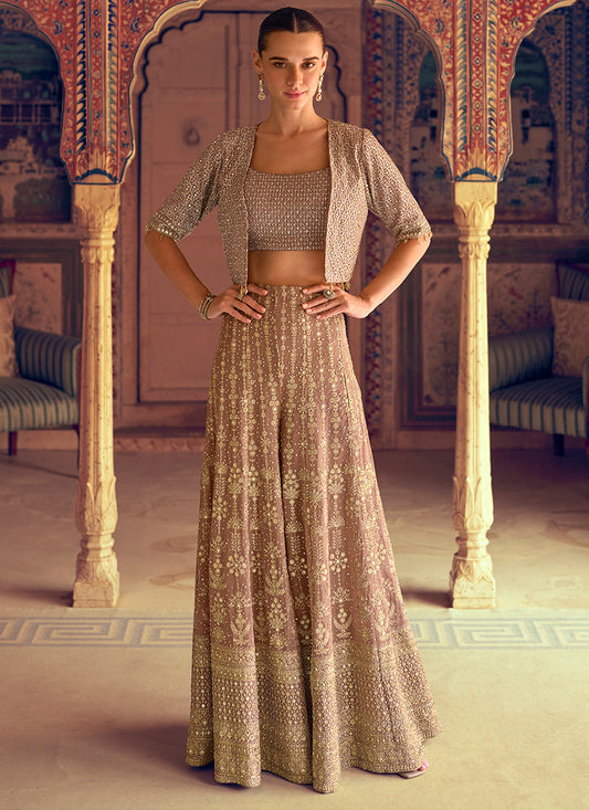 Georgette Dusty Party Wear Embroidery Work Readymade Ethnic Plazzo Suit 385064