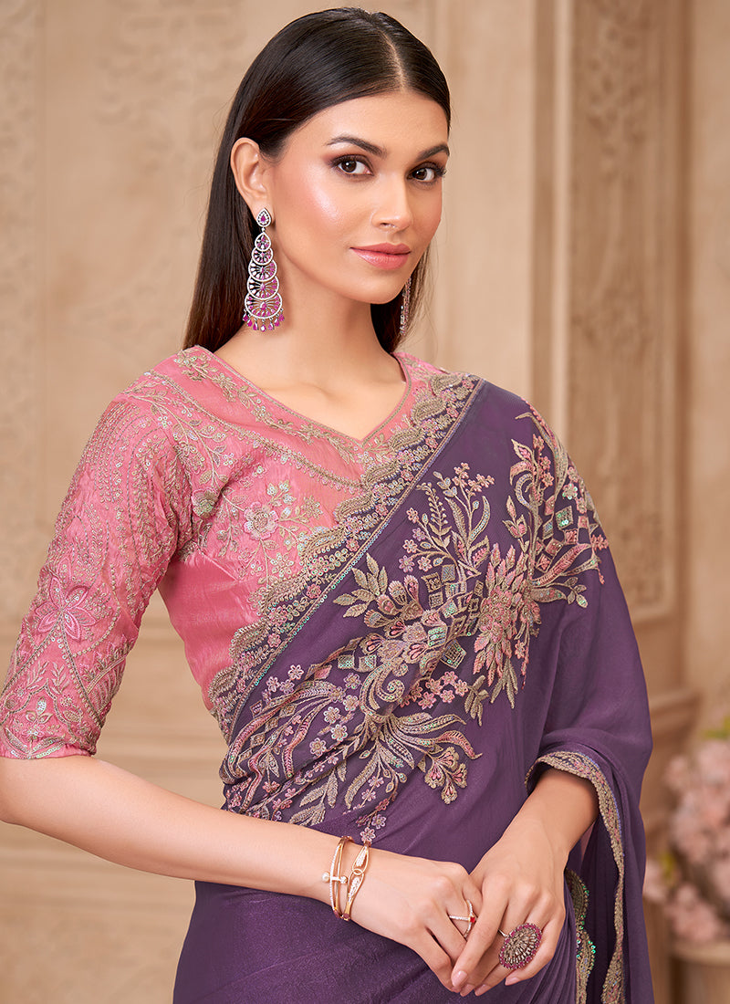 Georgette Dusty Lavender Party Wear Embroidery Work Saree 385720