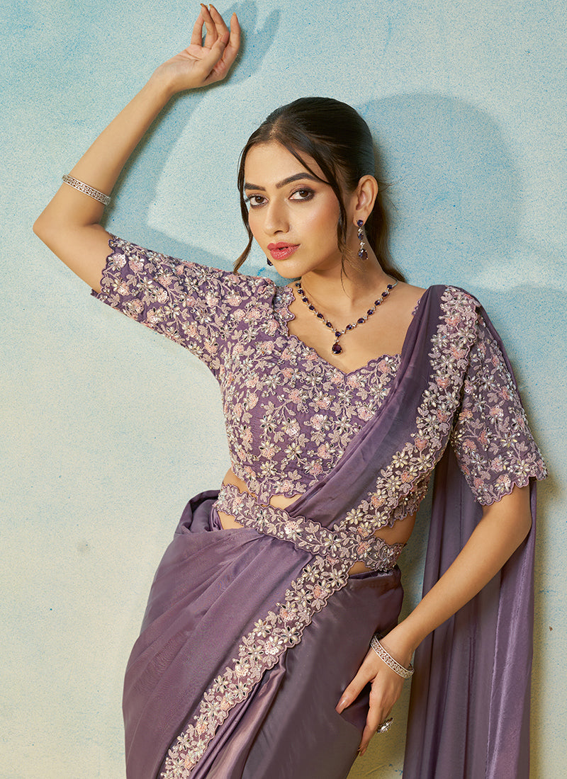 Dusty Mauve Purple Natural Satin Silk Sequin Work Party Wear Ready To Wear Saree SW162020