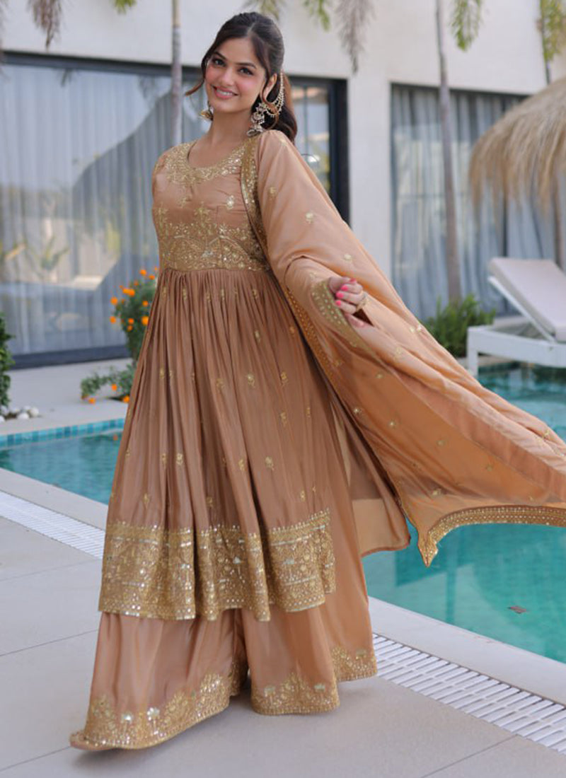 Dusty Peach Silk Sequins Work Festival Wear Readymade Plazzo Suit SW955710