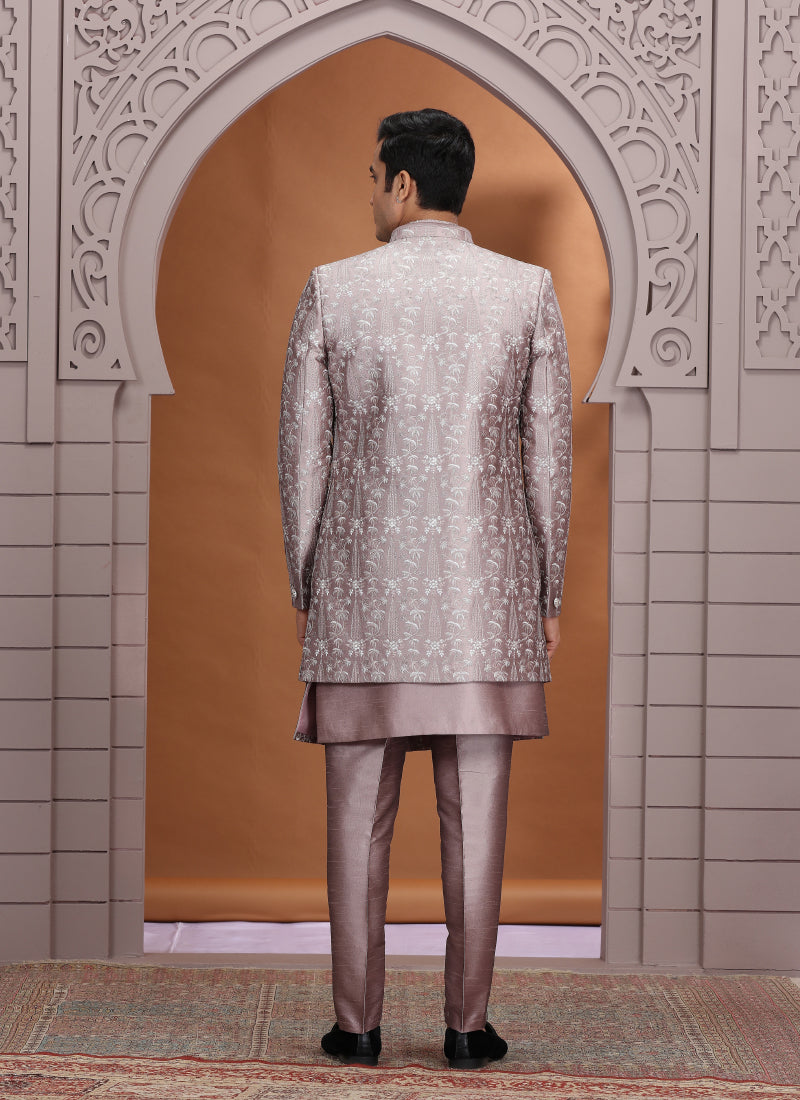 Art Silk Dusty Pink Wedding Wear Pattern Pc Work Readymade Indo Western Sherwani 386018