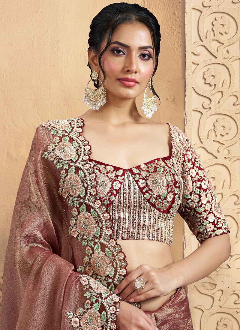 Banarasi Crush Dusty Pink Wedding Wear Sequin Work Ethnic Wedding Saree 386411