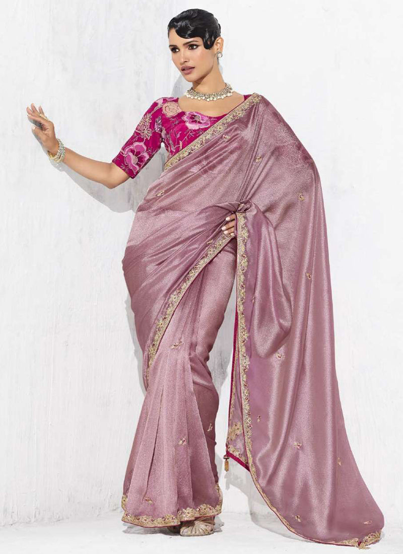 Fancy Fabric Dusty Pink Designer Saree with Thread Embroidery Work for Party Wear 384467