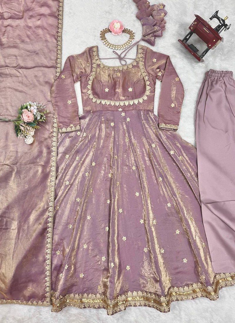 Fendy Silk Dusty Pink Casual Wear Sequins Work Readymade Anarkali Suit 388725
