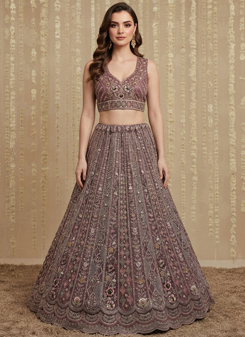Dusty Pink Net Embroidery Work Bridal Wear Lehenga Choli SW494699
