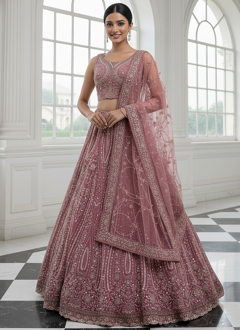 Net Dusty Pink Wedding Wear Embroidery Work Lehenga Choli 387448
