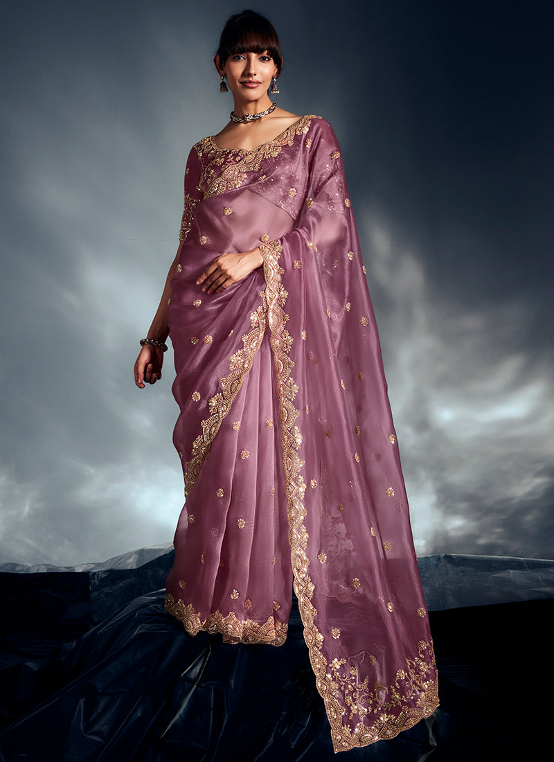 Organza Dusty Pink Saree with Sequin Work for Wedding Wear 383024