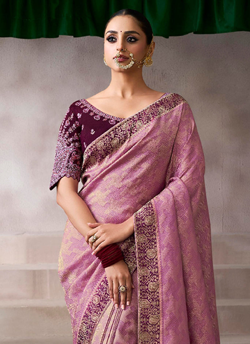 Pure Crepe Dusty Pink Wedding Wear Heavy Work Wedding Saree 387280