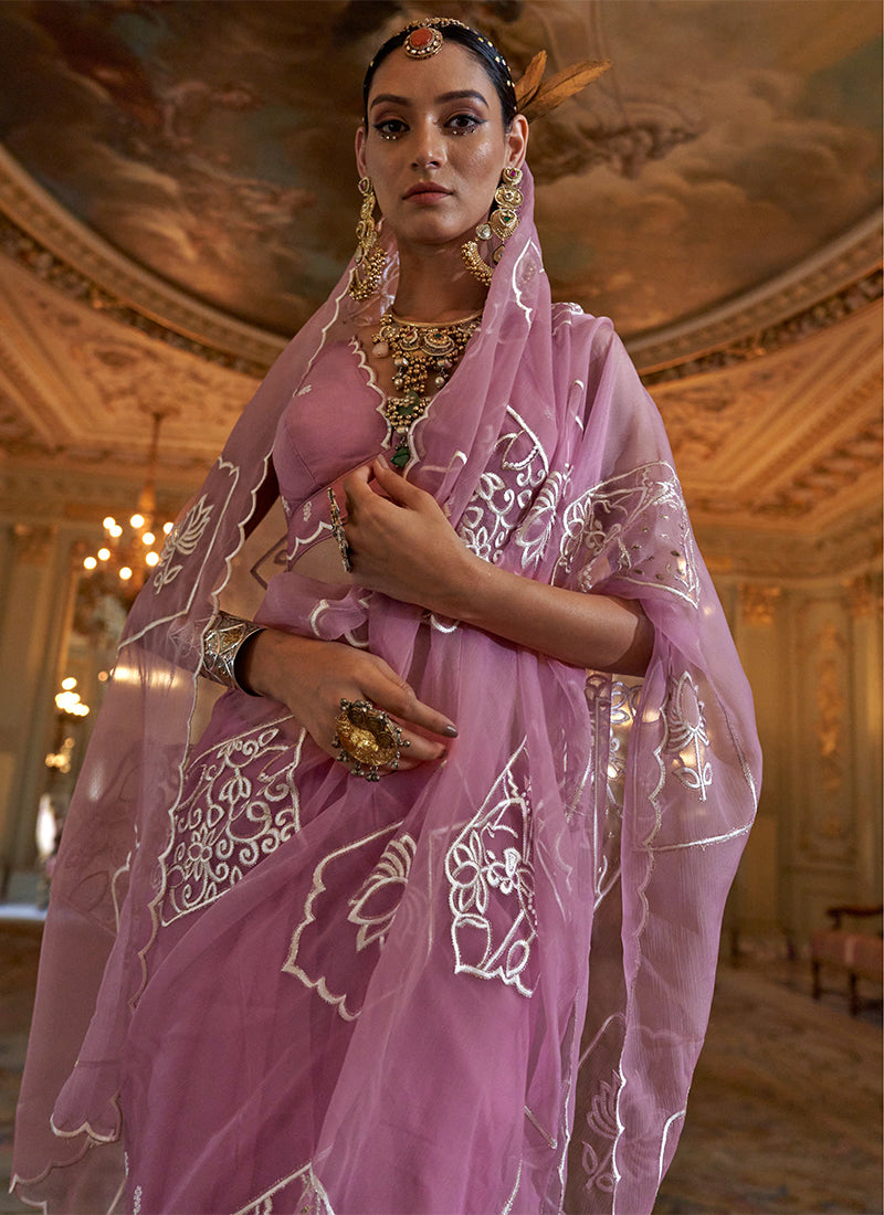 Ruby Chiffon Dusty Pink Festival Wear Thread Embroidery Work Designer Saree 388265