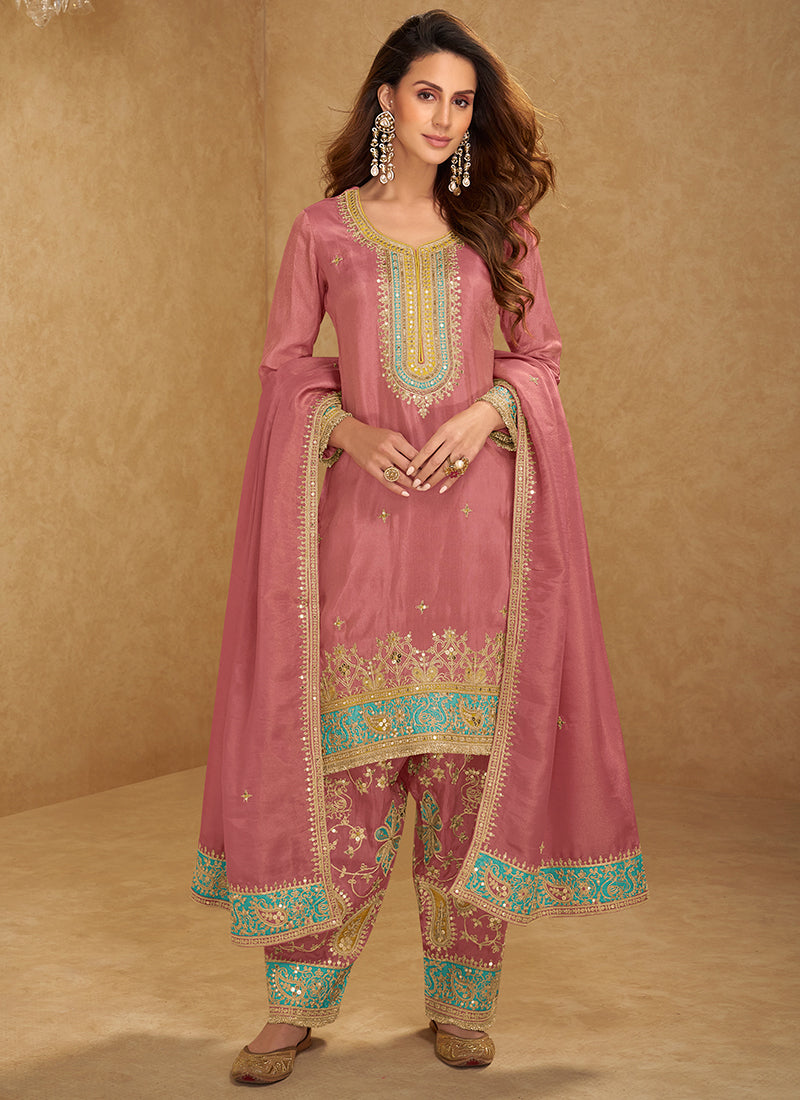 Shimmer Silk Dusty Pink Wedding Wear Embroidery Work Readymade Patiyala Suit 385431