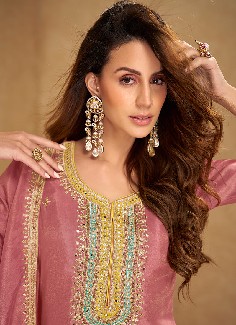 Shimmer Silk Dusty Pink Wedding Wear Embroidery Work Readymade Patiyala Suit 385431