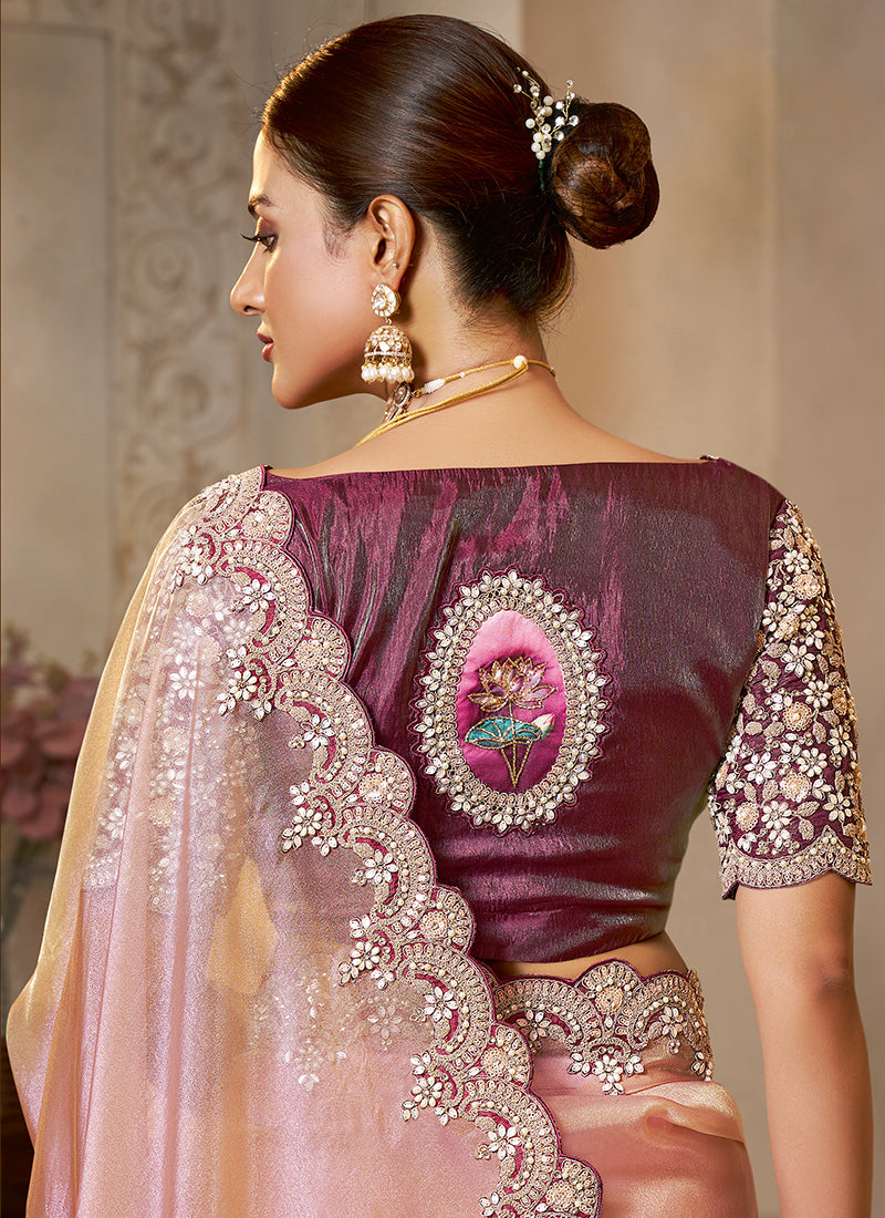 Silk Dusty Pink Wedding Wear Embroidery Work Saree 386113