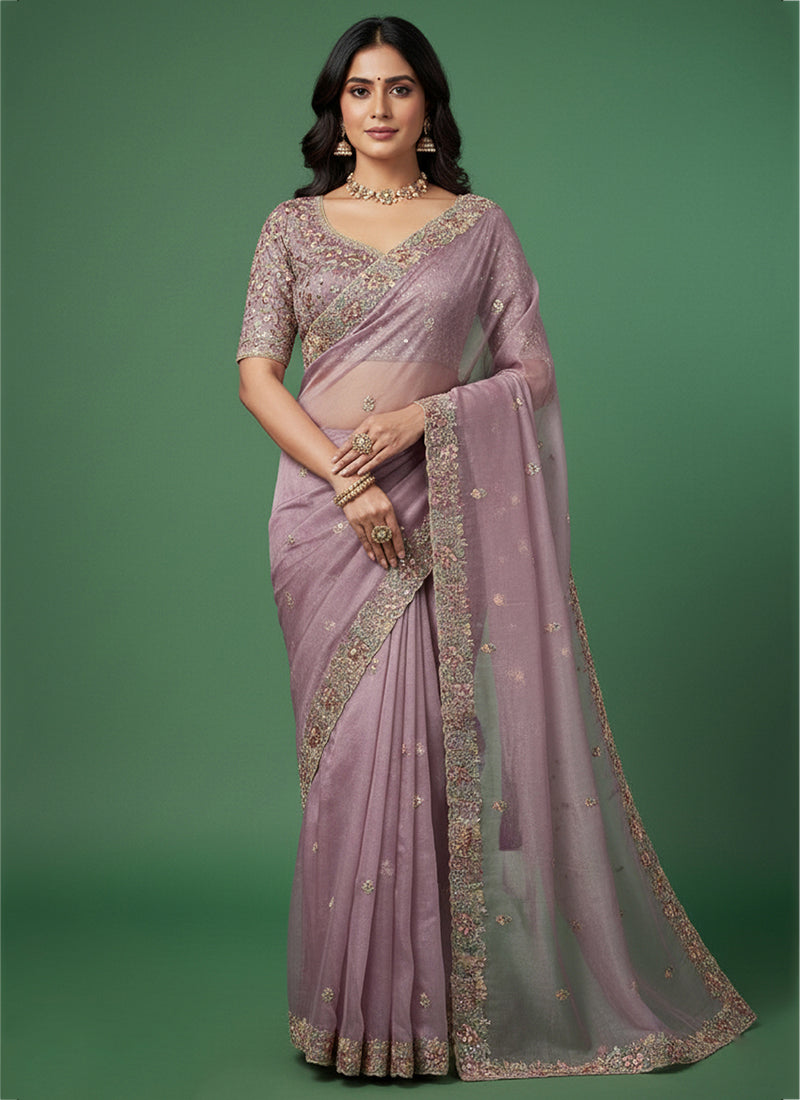 Tissue Silk Dusty Pink Saree with Thread Embroidery Work for Wedding Wear 384492