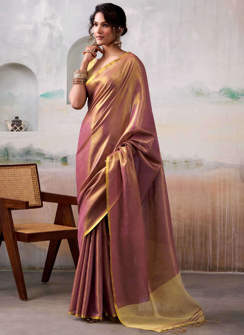 Tissue Silk Dusty Pink Saree with Weaving Work for Occasional Wear 384349