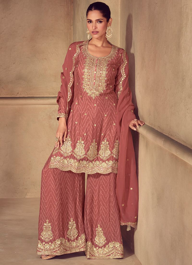 Chinnon Dusty Rose Festival Wear Embroidery Work Readymade Palazzo Suit 385001