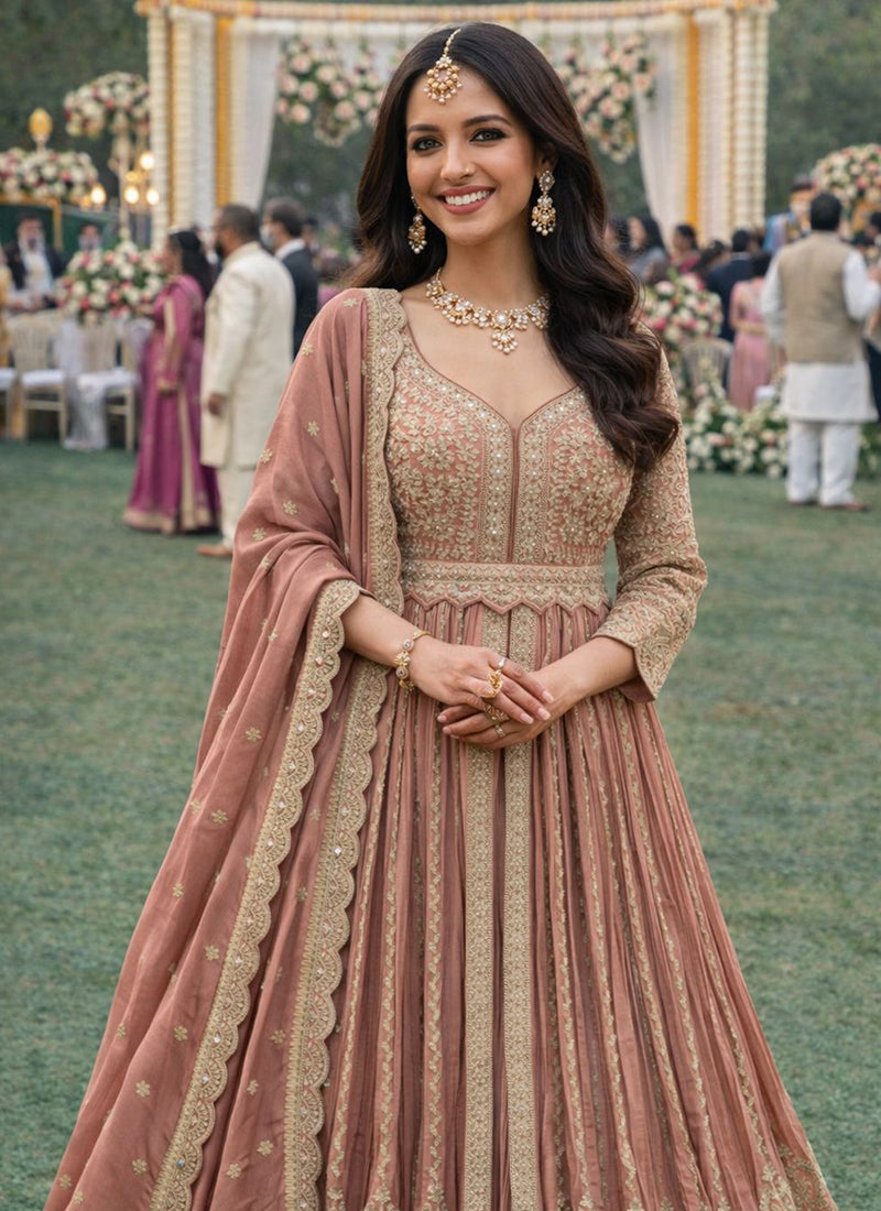 Dusty Rose Chinon Embroidery Work Wedding Wear Readymade Anarkali Suit SW705332