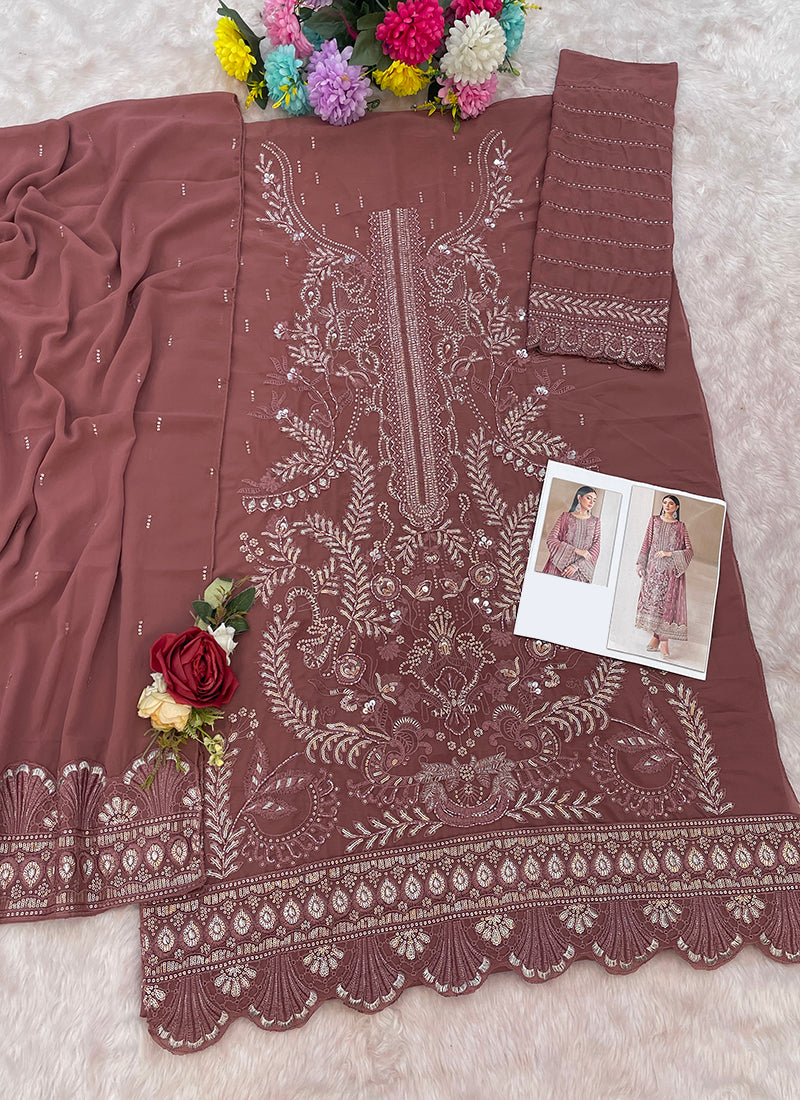 Faux Georgette Dusty Rose Eid Wear Zari Embroidery Work Pakistani Suit 388382