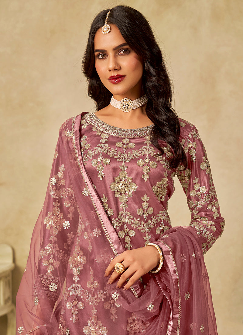 Net Dusty Rose Wedding Wear Embroidery Work Palazzo Suit 385169