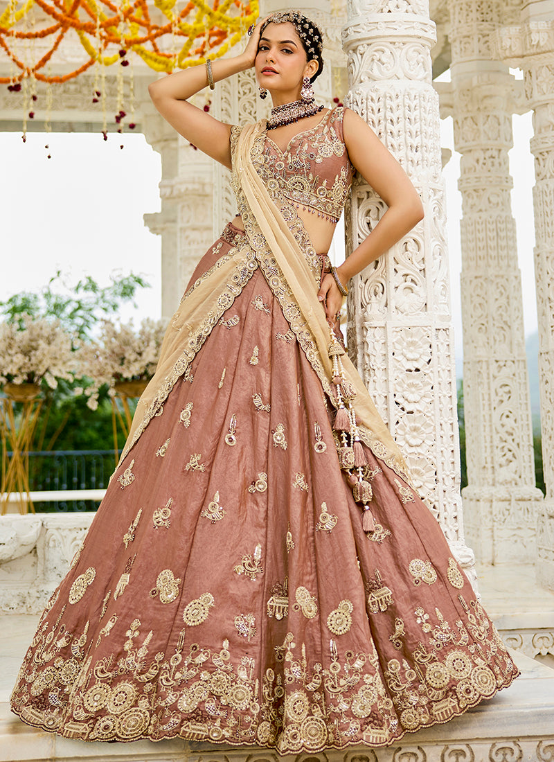 Tissue Dusty Rose Wedding Wear Heavy Embroidery Readymade Lehenga Choli