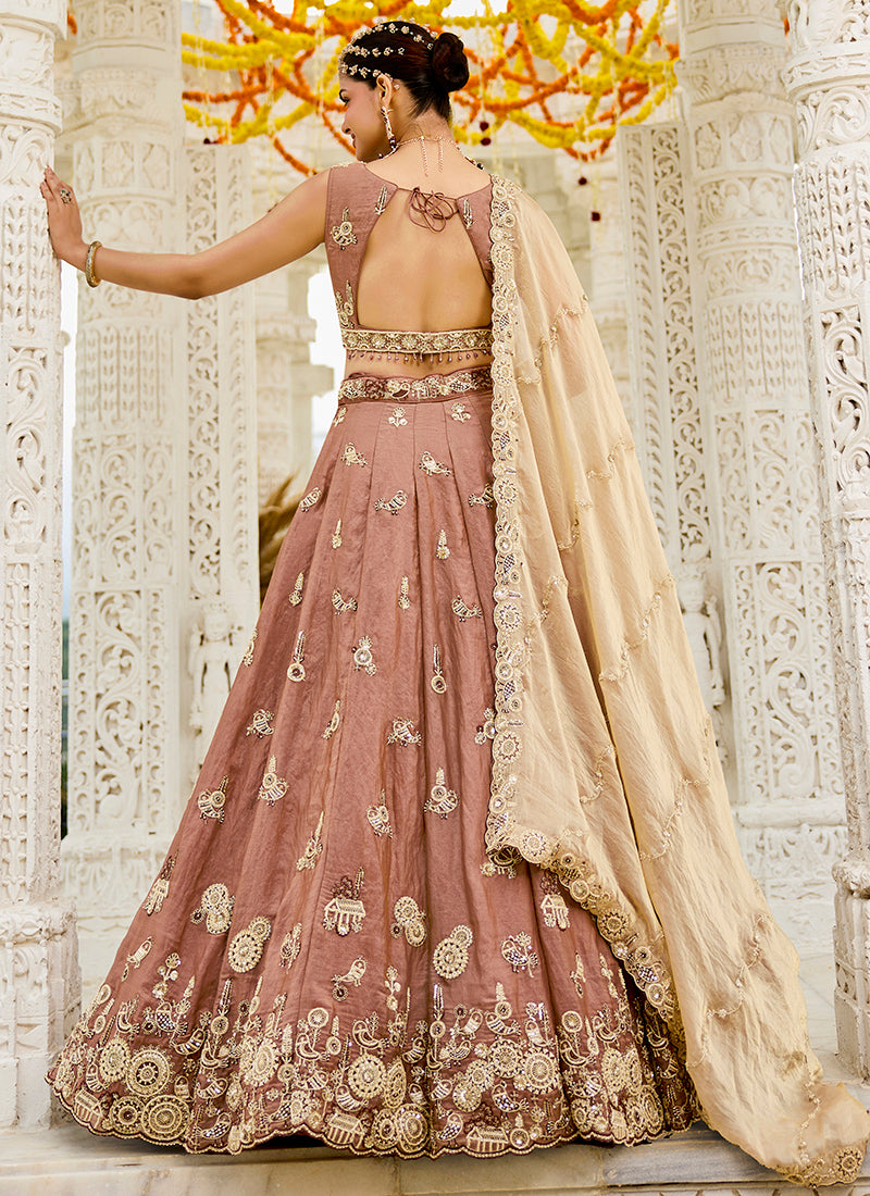 Tissue Dusty Rose Wedding Wear Heavy Embroidery Readymade Lehenga Choli