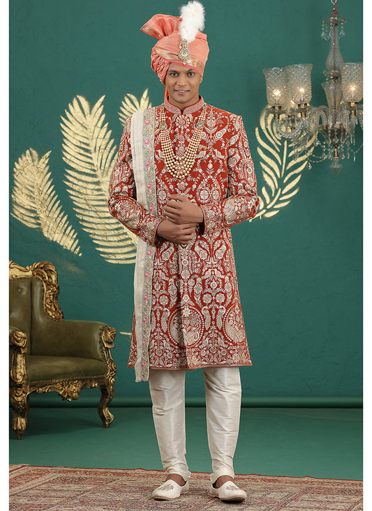 Art Silk Fanta Groom Wear Thread Work Readymade Groom Sherwani 385476