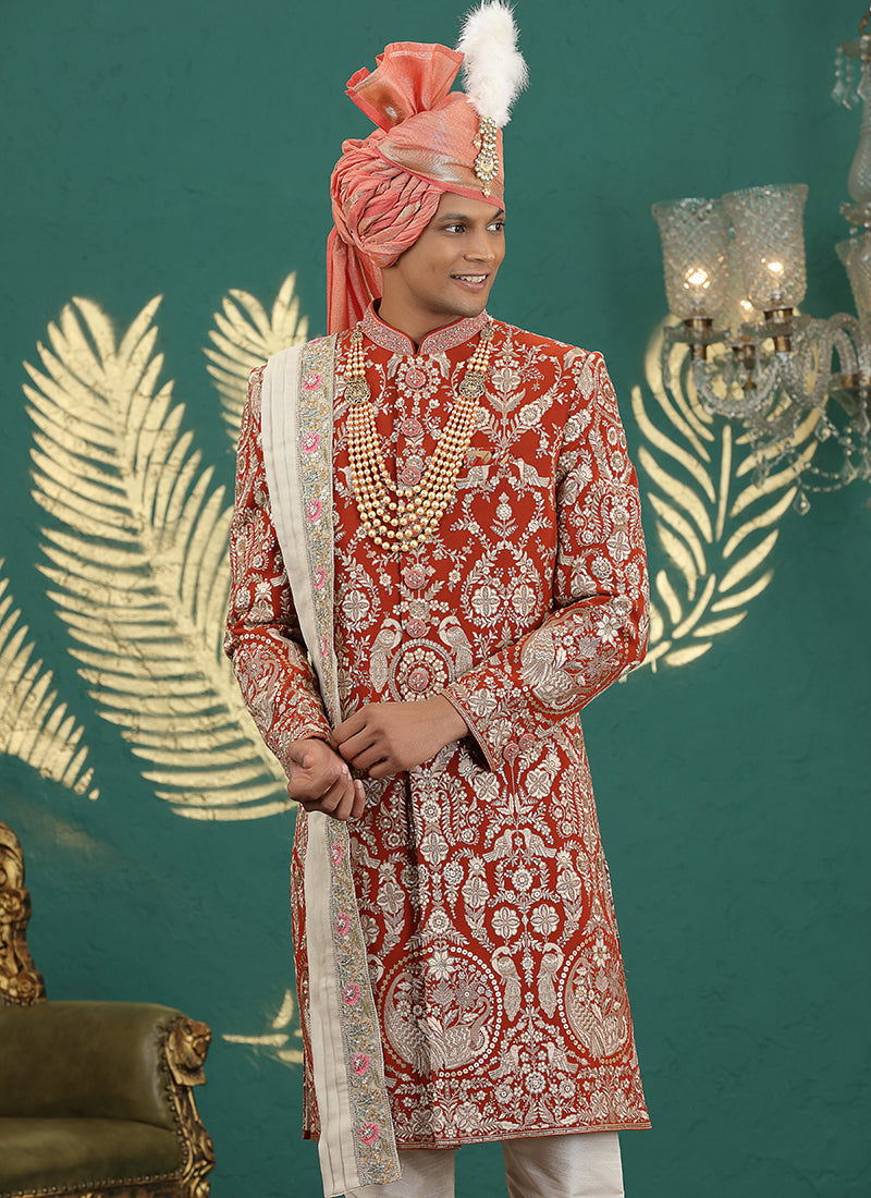 Art Silk Fanta Groom Wear Thread Work Readymade Groom Sherwani 385476