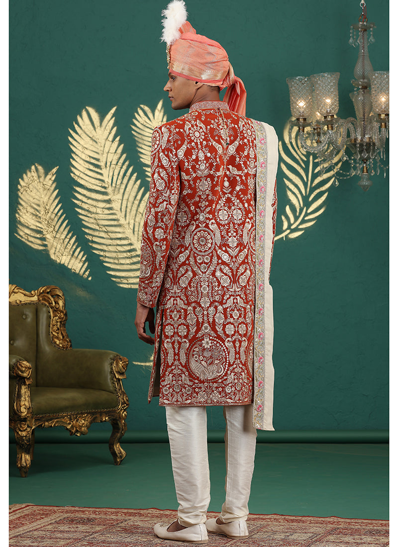 Art Silk Fanta Groom Wear Thread Work Readymade Groom Sherwani 385476