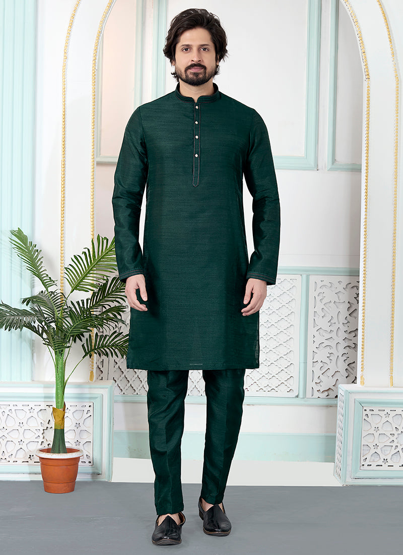 Green Art Silk Pintux Occasional Wear Readymade Kurta Pajama SW589733