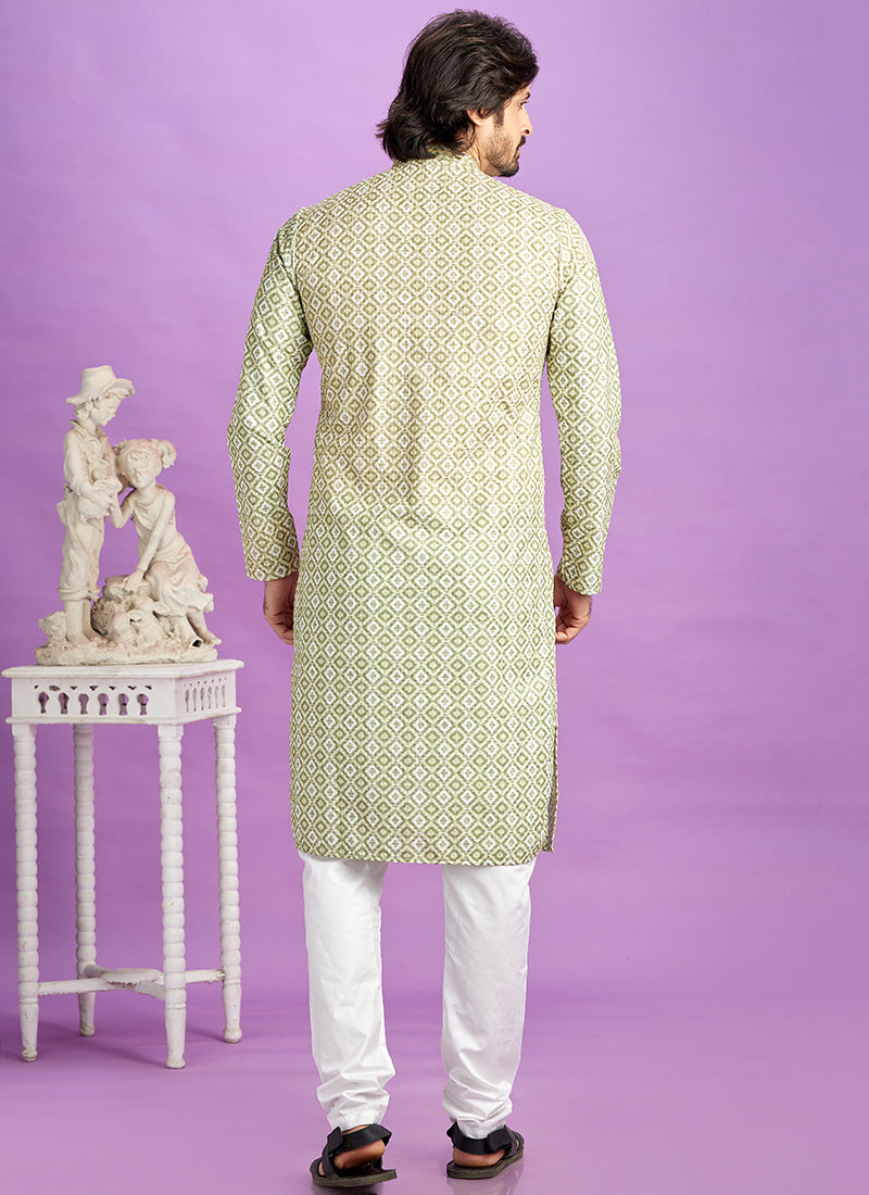 Green Cotton Pintux Work Festival Wear Readymade Kurta Pajama SW746002
