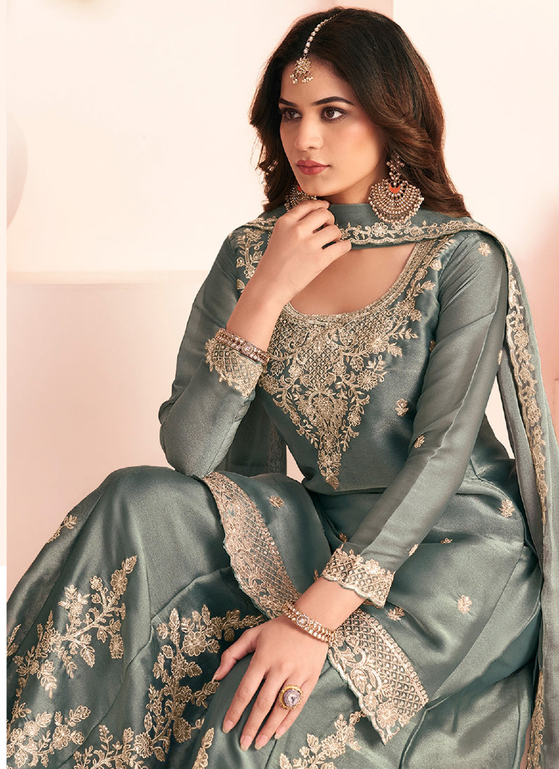 Green Silk Embroidery Work Occasional Wear Readymade Plazzo Suit SW255068