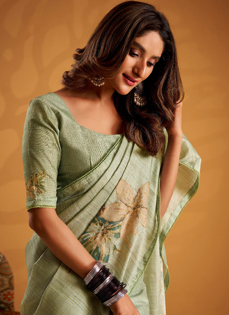 Green Tussar Silk Printed Work Occasional Wear Saree SW116746