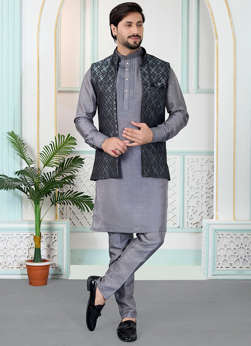 Grey Art Banarasi Silk Pintux Wedding Wear Readymade Modi Jacket Kurta Pajama SW367804
