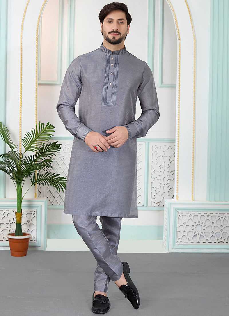 Grey Art Silk Pintux Occasional Wear Readymade Kurta Pajama SW481584