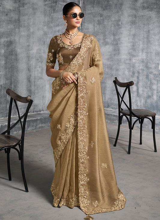 Silk Gold Saree with Embroidery Work for Wedding Wear 385014