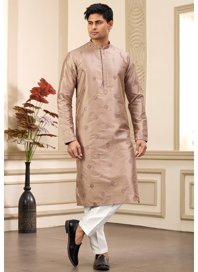 Golden Art Silk Readymade Kurta Pajama for Festive Occasions