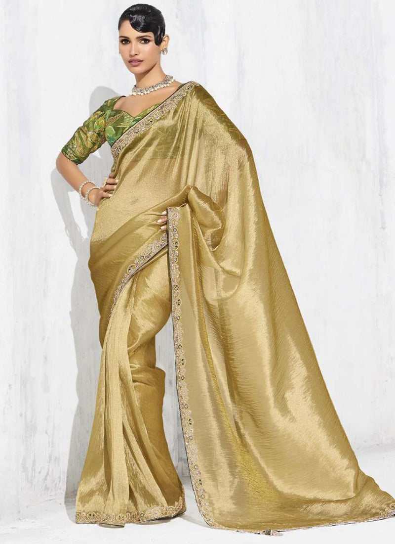 Fancy Fabric Golden Beige Designer Saree with Thread Embroidery Work for Party Wear 384475