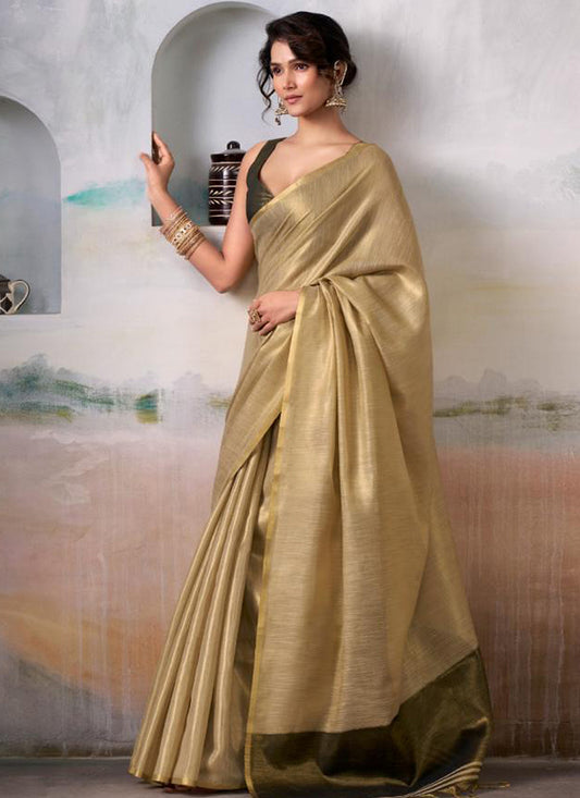 Tissue Silk Golden Saree with Weaving Work for Occasional Wear 384352