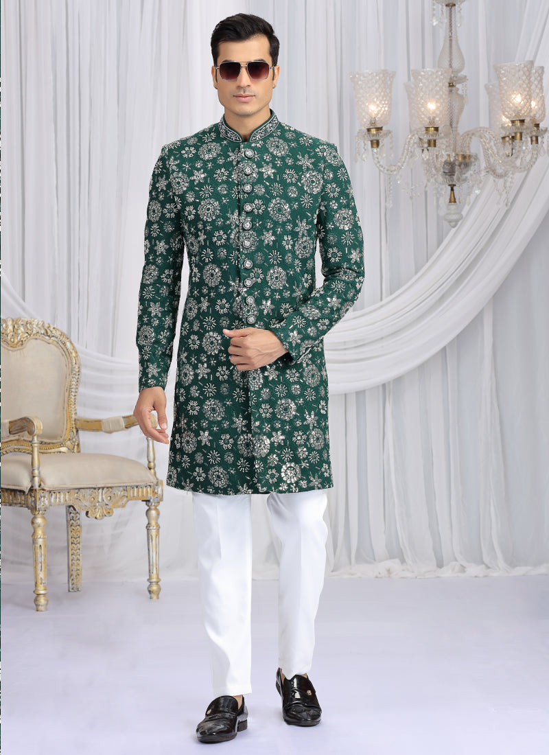 Art Silk Green Wedding Wear Computer Thread Work Readymade Indo Western Sherwani 386019