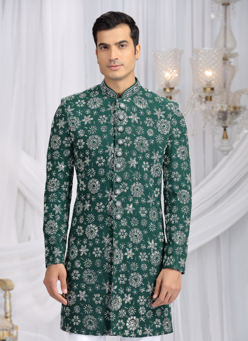 Art Silk Green Wedding Wear Computer Thread Work Readymade Indo Western Sherwani 386019