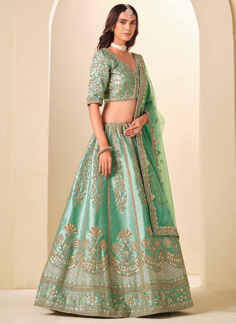 Green Art Silk Embroidery Work Wedding Wear Lehenga Choli SW481032
