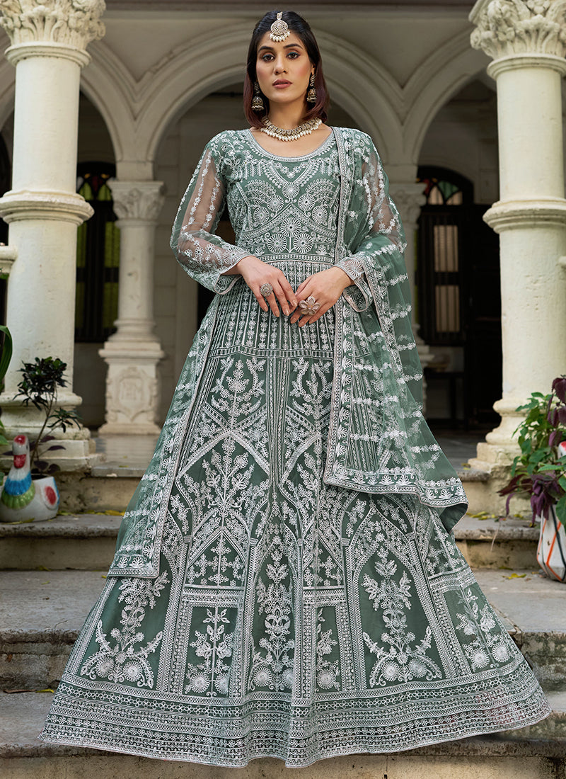 Green Butterfly Net Embroidery Work Wedding Wear Readymade Anarkali Suit SW130393
