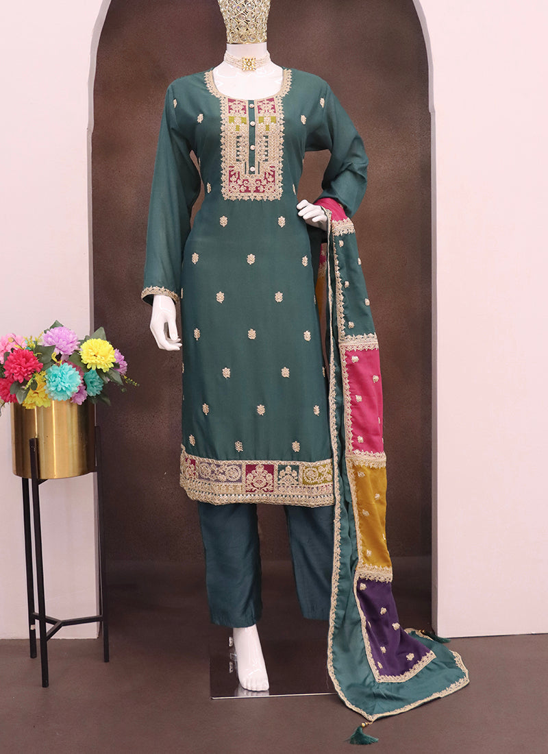 Chinnon Green Festival Wear Embroidery Work Readymade Salwar Suit 385406