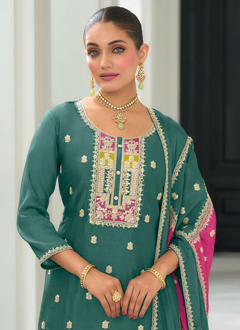 Chinnon Green Festival Wear Embroidery Work Readymade Salwar Suit 385406