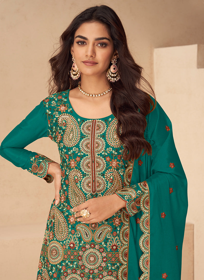 Chinnon Green Wedding Wear Embroidery Work Readymade Plazzo Suit 385061