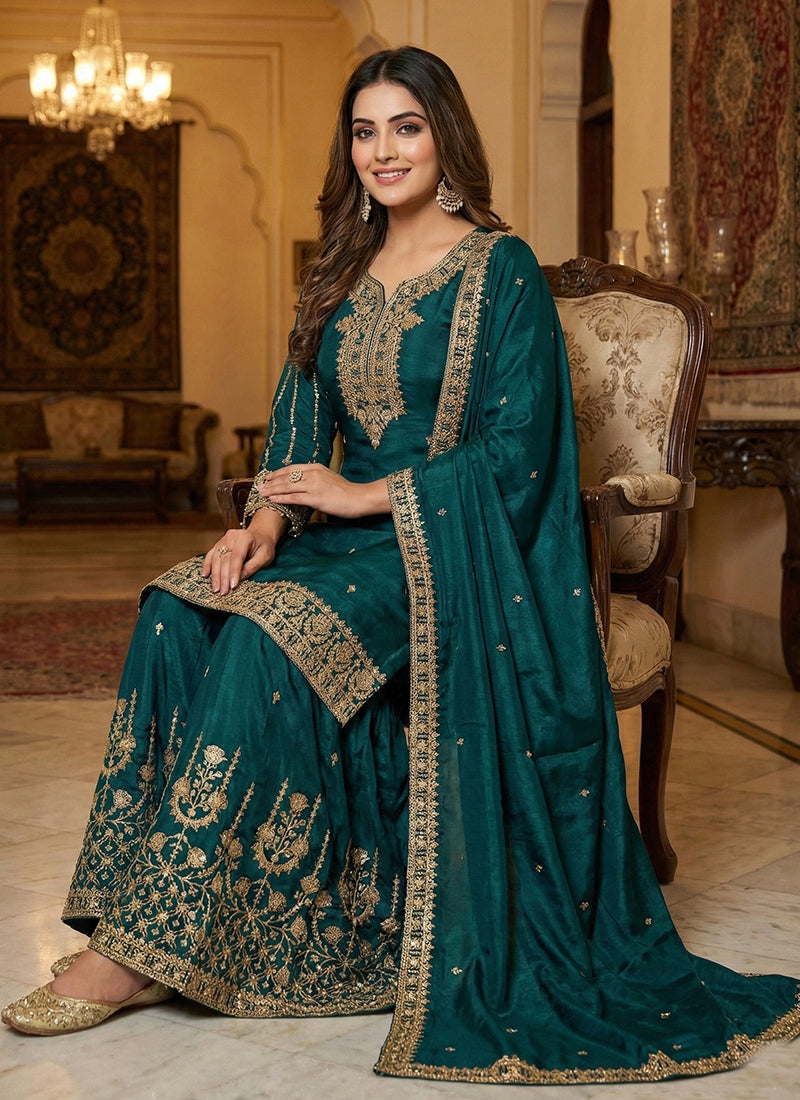 Green Chinon Embroidery Work Eid Wear Readymade Plazzo Suit SW458641