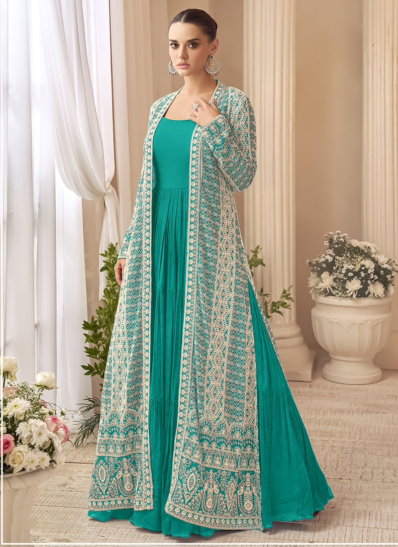 Green Chinon Silk Embroidery Work Party Wear Readymade Designer Suit SW987431