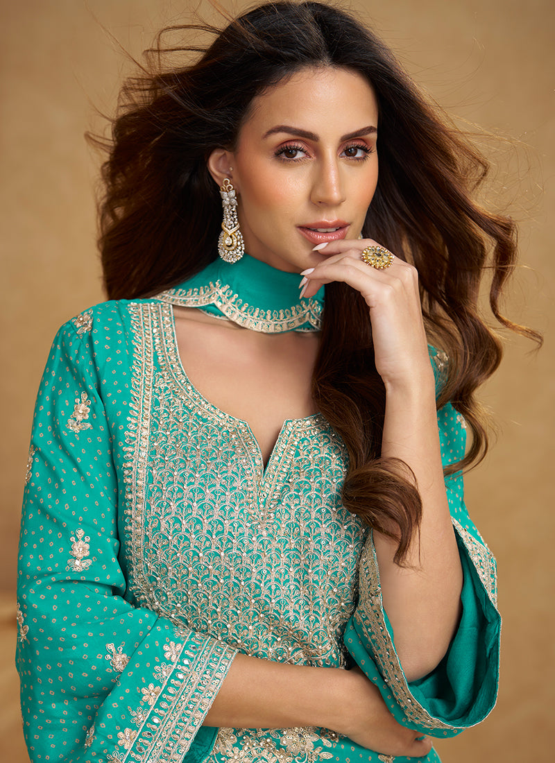 Green Chinon Embroidery Work Wedding Wear Readymade Plazzo Suit SW262230
